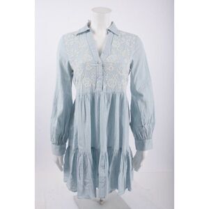 Zara Womens Embroidered Mini Dress XS Blue Collared Long Sleeve 5598/222 NWT